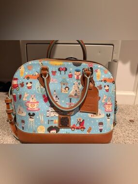 Dooney & Bourke Light Blue Novelty Print Dome Satchel with Brown Trim